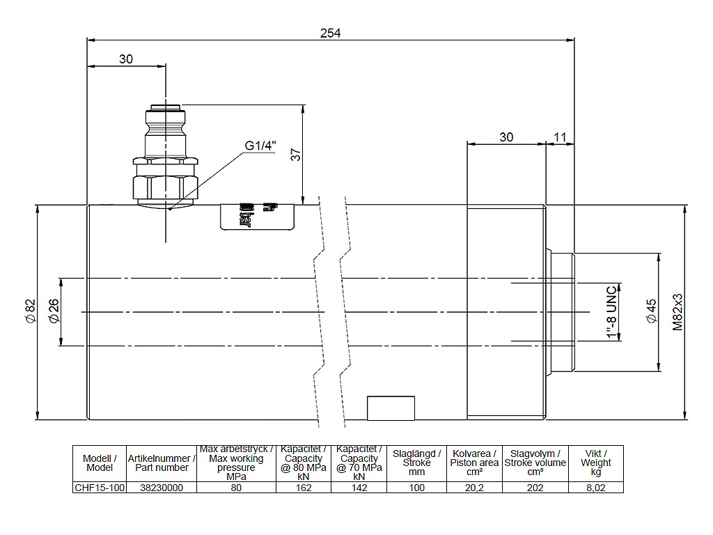 Rehobot/NIKE CH-CHF Single Acting Spring/Load Return Hollow Piston Hydraulic Cylinder Steel 